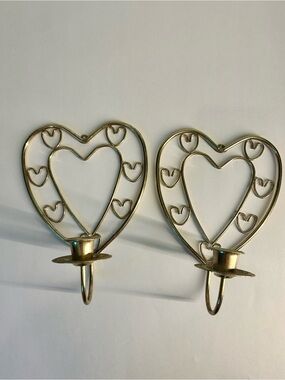 Heart-Shaped Brass Metal Wall Sconces Candle Holders - Pair MCM